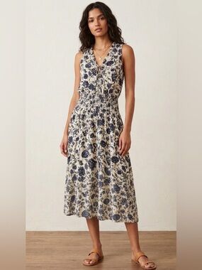 NWT Splendid Encore Floral Smocked Waist Dress - Navy Blue Boho Midi- SZ Small
